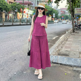 Bộ nữ Sát Nách SN02, Bộ Nữ áo sát nách cùng quần giả váy ống rộng chất liệu đũi tơ xước cao cấp, mặc mát