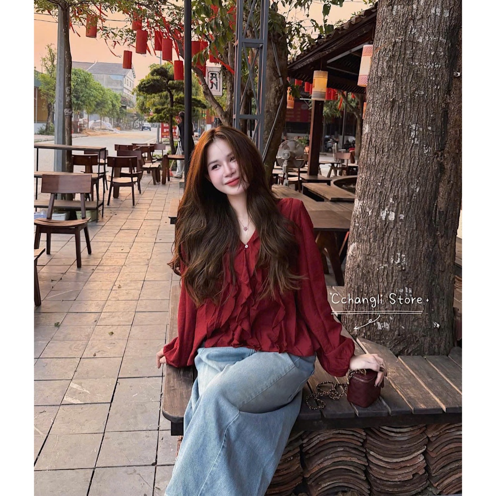 ZIMM STORE-Áo sơ mi voan tơ bèo nhún tầng màu nâu