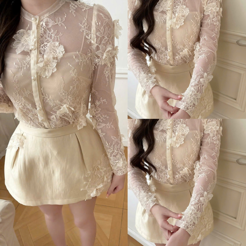 NH CLOTHER -Áo ren tiểu thư hoa nổi 3D phối chân váy lụa cao cấp sang chảnh