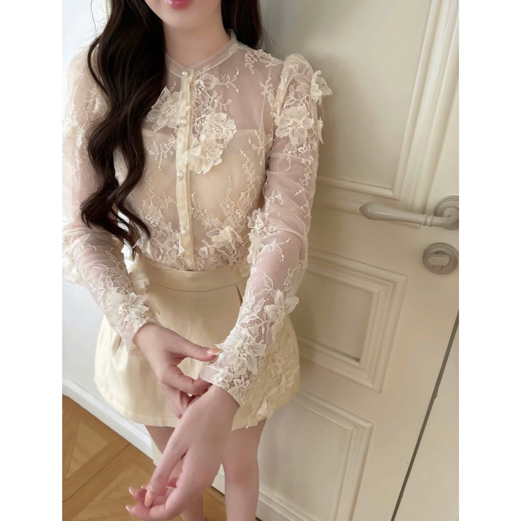 NH CLOTHER -Áo ren tiểu thư hoa nổi 3D phối chân váy lụa cao cấp sang chảnh