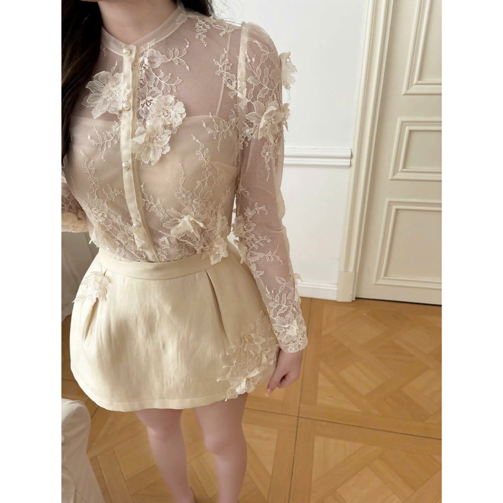 NH CLOTHER -Áo ren tiểu thư hoa nổi 3D phối chân váy lụa cao cấp sang chảnh