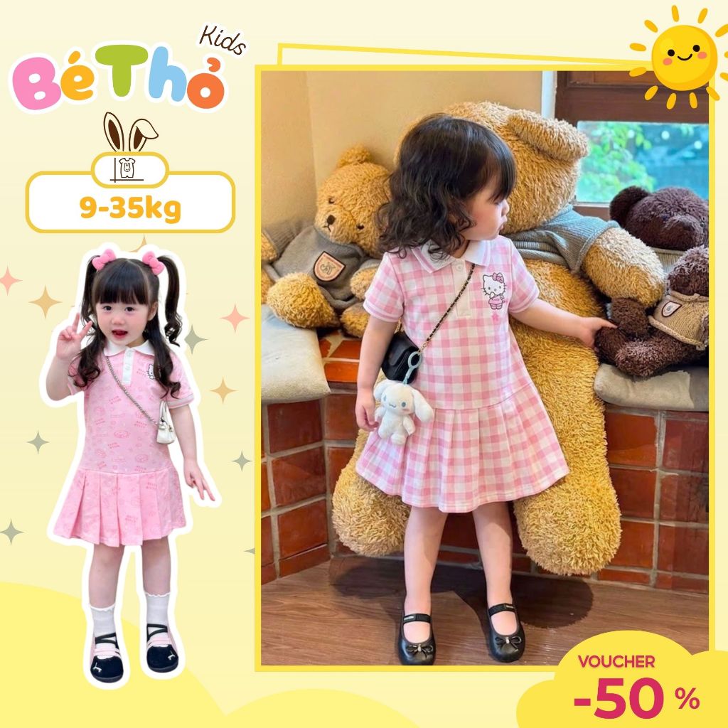 COMBO 1-2 BỘ VÁY HỒNG CARO MẪU CỔ POLO E.C SZ 9 - 35 KG VÁY BÉ GÁI MÙA HÈ