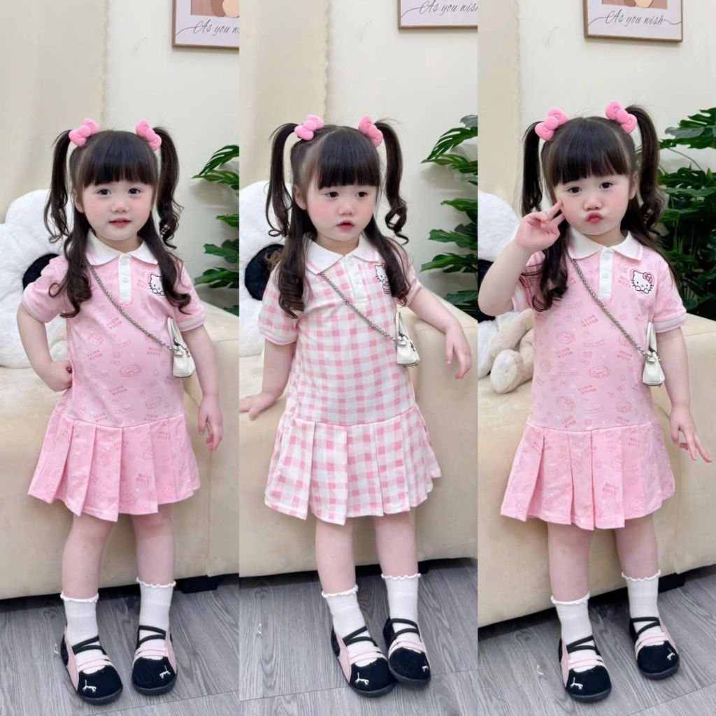 COMBO 1-2 BỘ VÁY HỒNG CARO MẪU CỔ POLO E.C SZ 9 - 35 KG VÁY BÉ GÁI MÙA HÈ