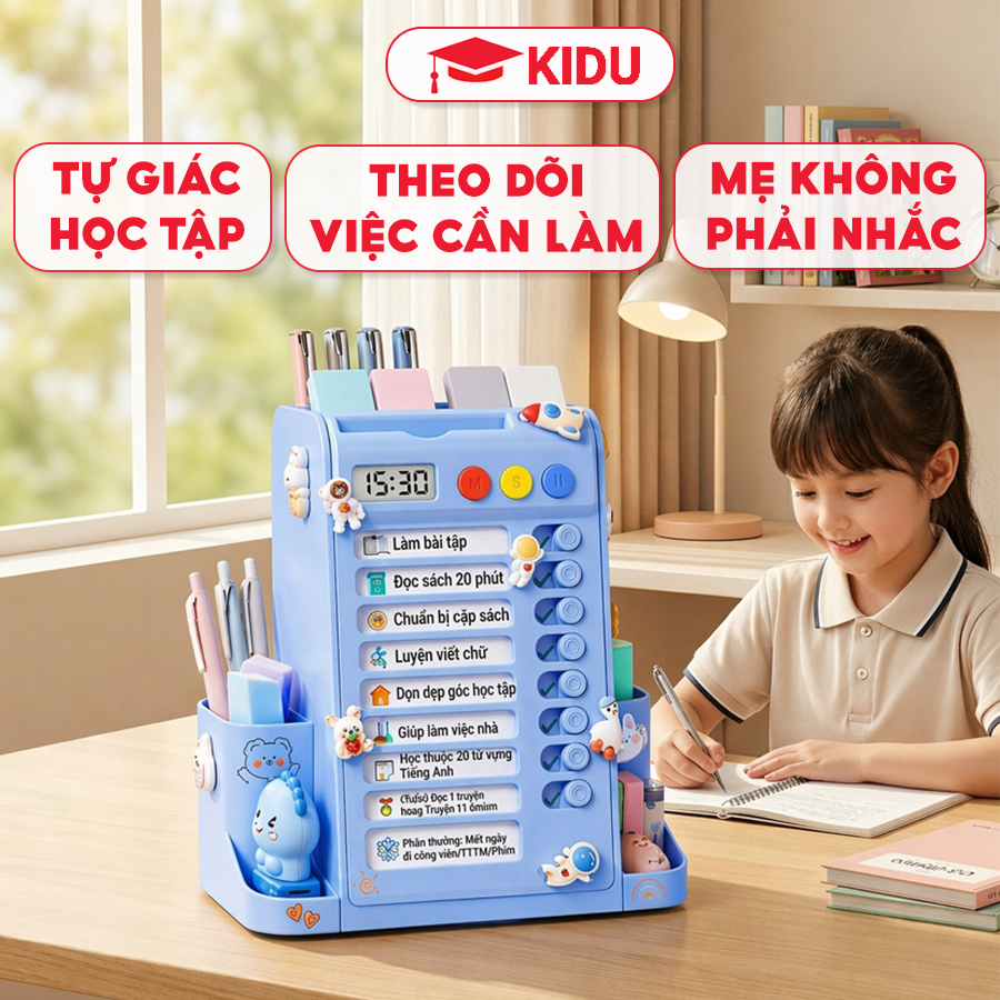 Hộp đựng bút kèm bảng kế hoạch KIDU, đồng hồ hẹn giờ, giúp b - ảnh 5