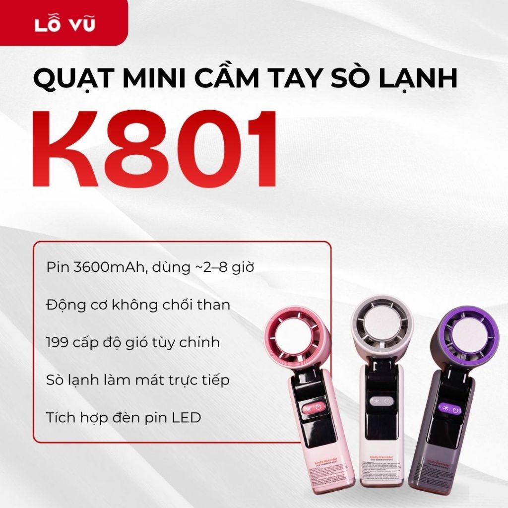 Quạt Mini Cầm Tay Sò Lạnh K801, 199 Cấp Gió, Pin 3600mAh, Dùng 2–8h, Động Cơ Không Chổi Than, Kèm Dây Đeo - levu01 | BigBuy360 - bigbuy360.vn