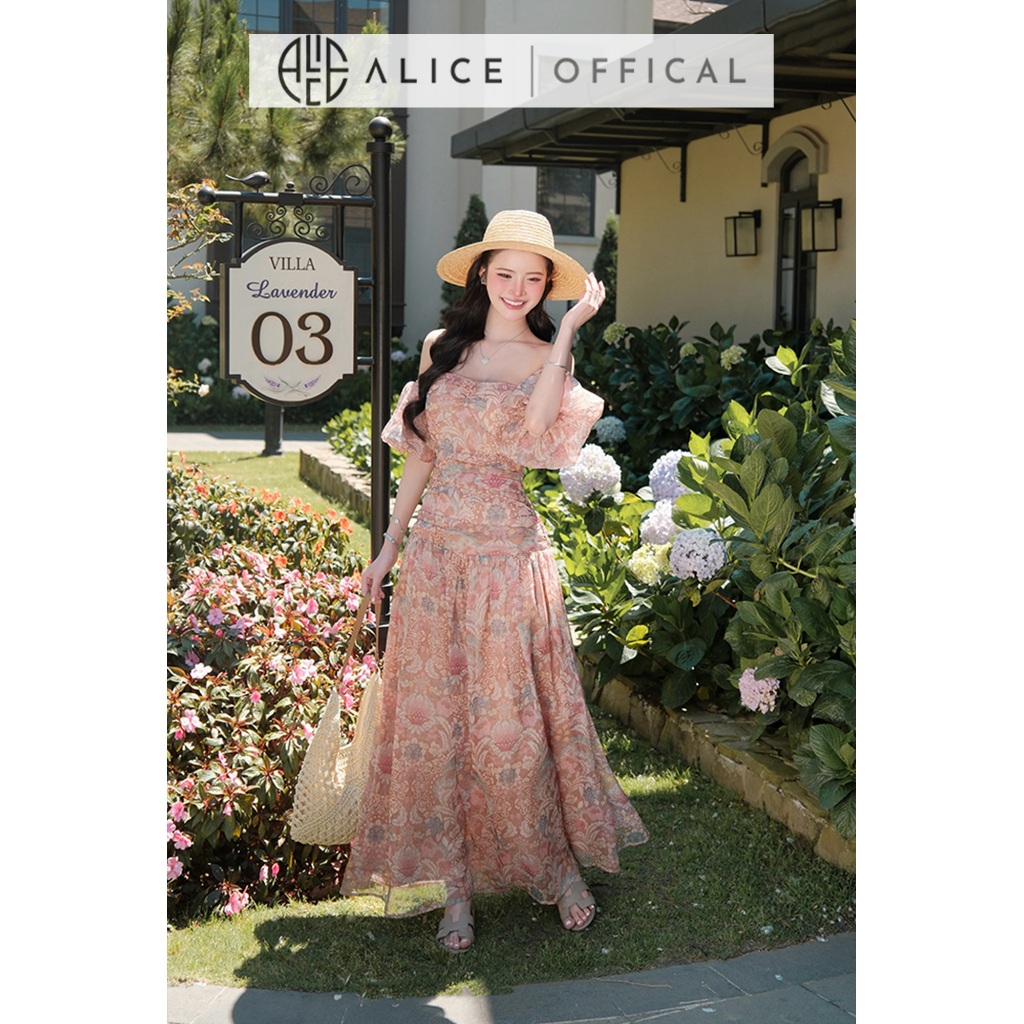 Váy Tiểu Thư Maxi Alice Chất Tơ Hoa Dáng Quây Trễ Vai, Đầm Dài Ôm Eo Tôn Dáng Phù Hợp Mùa Hè T480