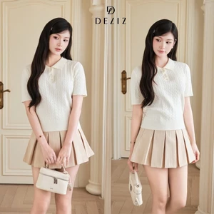 Áo len cộc tay nữ cổ polo dệt vặn thừng chất len lông thỏ cao cấp phong cách basic DELIZ PL302 300G