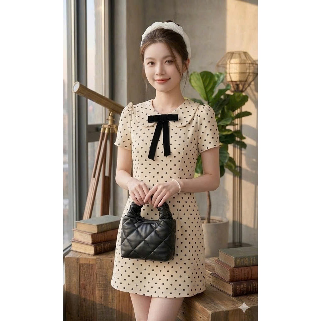 Váy chấm bi OHARI House Váy cổ sen đính nơ họa tiết chiết eo nhẹ nhàng dáng xòe phong cách tiểu thư