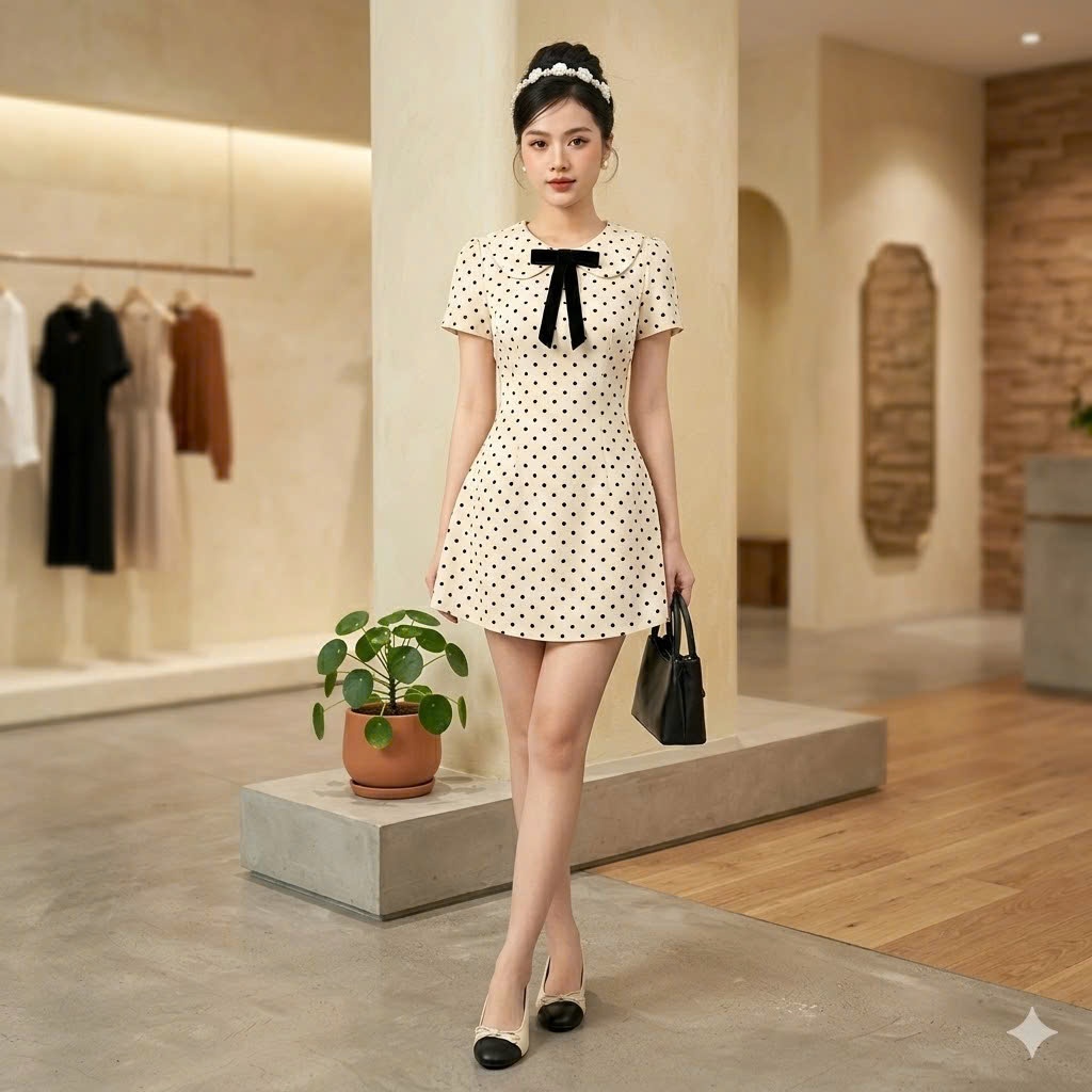 Váy chấm bi OHARI House Váy cổ sen đính nơ họa tiết chiết eo nhẹ nhàng dáng xòe phong cách tiểu thư