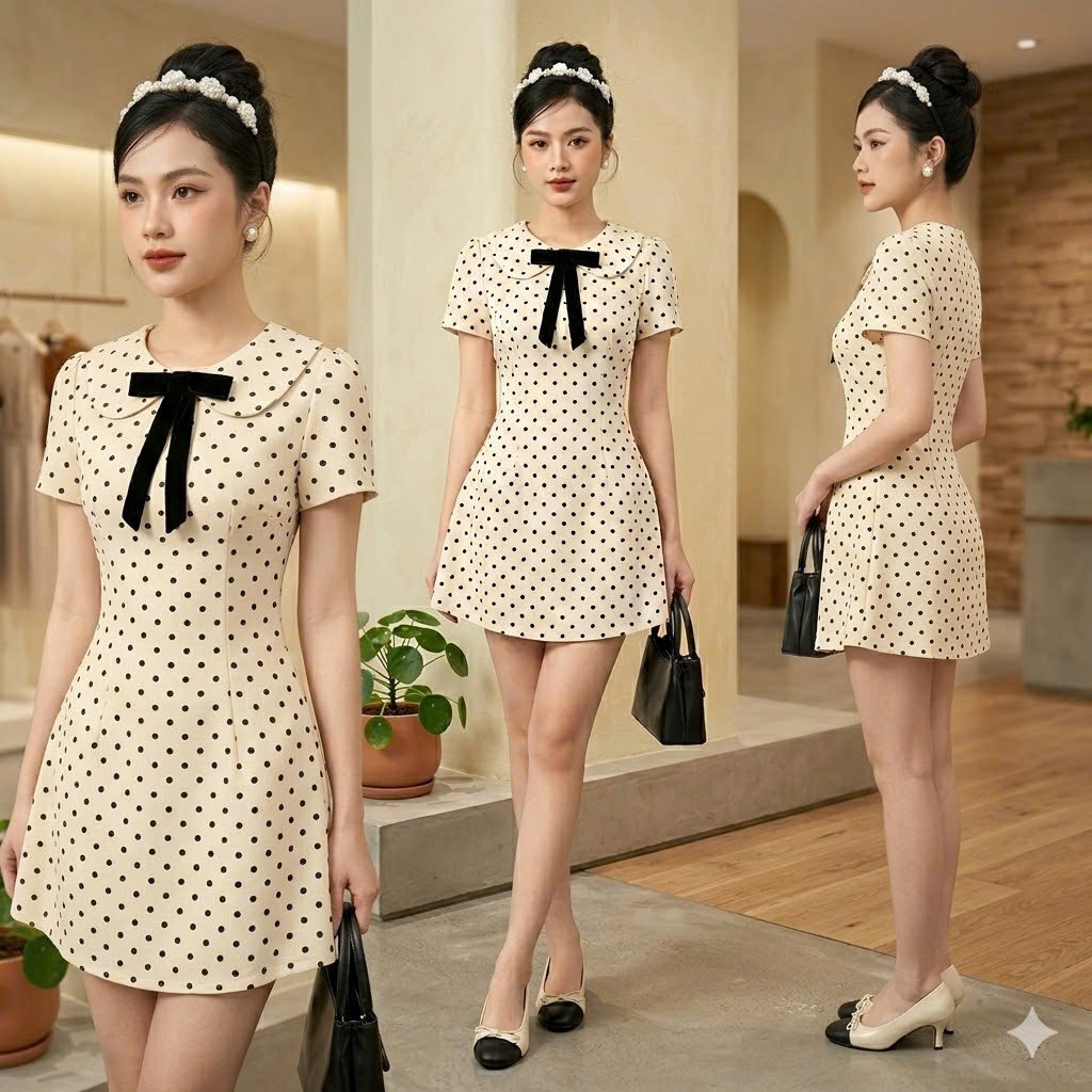 Váy chấm bi OHARI House Váy cổ sen đính nơ họa tiết chiết eo nhẹ nhàng dáng xòe phong cách tiểu thư