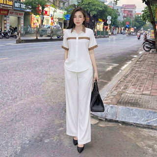 Bộ Sơ Mi Thổ Cẩm, Set bộ áo sơ mi tay ngắn phối hoạ tiết thổ cẩm, quần ống suông lưng thun phía sau chất đũi xước nhật