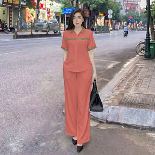 Bộ Sơ Mi Thổ Cẩm, Set bộ áo sơ mi tay ngắn phối hoạ tiết thổ cẩm, quần ống suông lưng thun phía sau chất đũi xước nhật