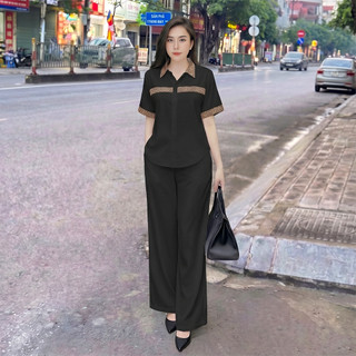Bộ Sơ Mi Thổ Cẩm, Set bộ áo sơ mi tay ngắn phối hoạ tiết thổ cẩm, quần ống suông lưng thun phía sau chất đũi xước nhật