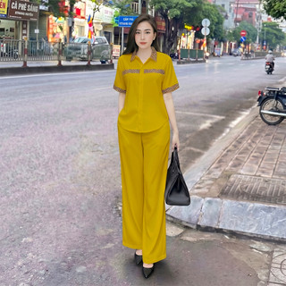 Bộ Sơ Mi Thổ Cẩm, Set bộ áo sơ mi tay ngắn phối hoạ tiết thổ cẩm, quần ống suông lưng thun phía sau chất đũi xước nhật