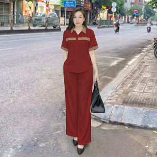 Bộ Sơ Mi Thổ Cẩm, Set bộ áo sơ mi tay ngắn phối hoạ tiết thổ cẩm, quần ống suông lưng thun phía sau chất đũi xước nhật