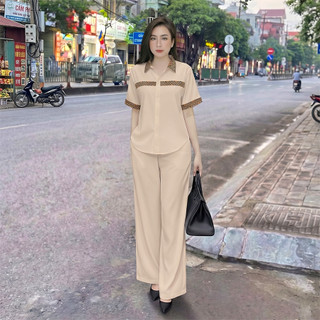 Bộ Sơ Mi Thổ Cẩm, Set bộ áo sơ mi tay ngắn phối hoạ tiết thổ cẩm, quần ống suông lưng thun phía sau chất đũi xước nhật