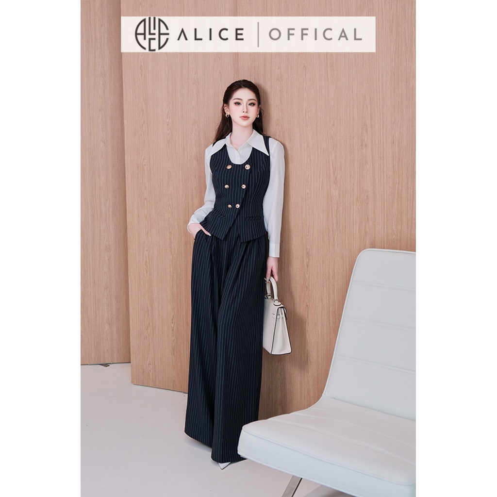 Set Công Sở Cao Cấp Alice 3 Chi Tiết, Áo Sơ Mi Cổ Nhọn Chất Tằm Hàn Phối Set Gile Chất Tuytsi Dáng Rộng A1084+S1081