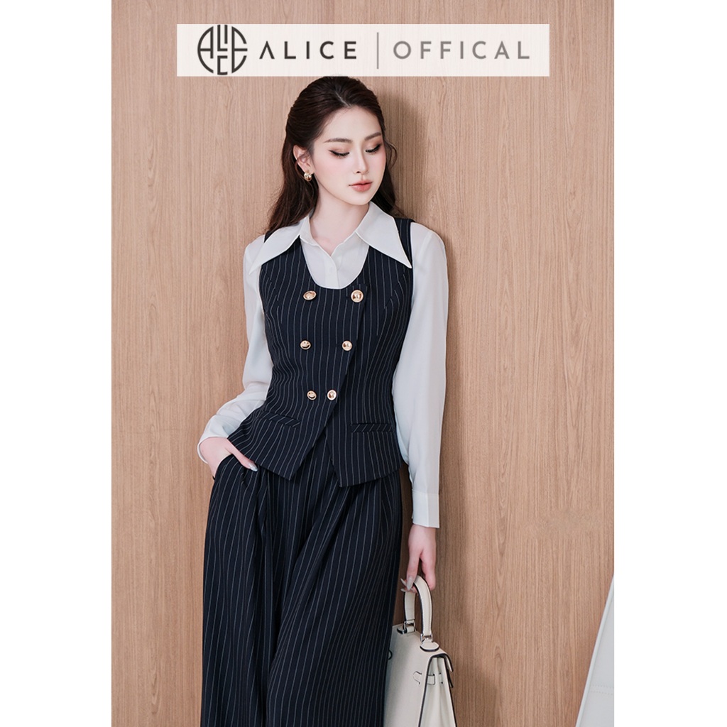 Set Công Sở Cao Cấp Alice 3 Chi Tiết, Áo Sơ Mi Cổ Nhọn Chất Tằm Hàn Phối Set Gile Chất Tuytsi Dáng Rộng A1084+S1081