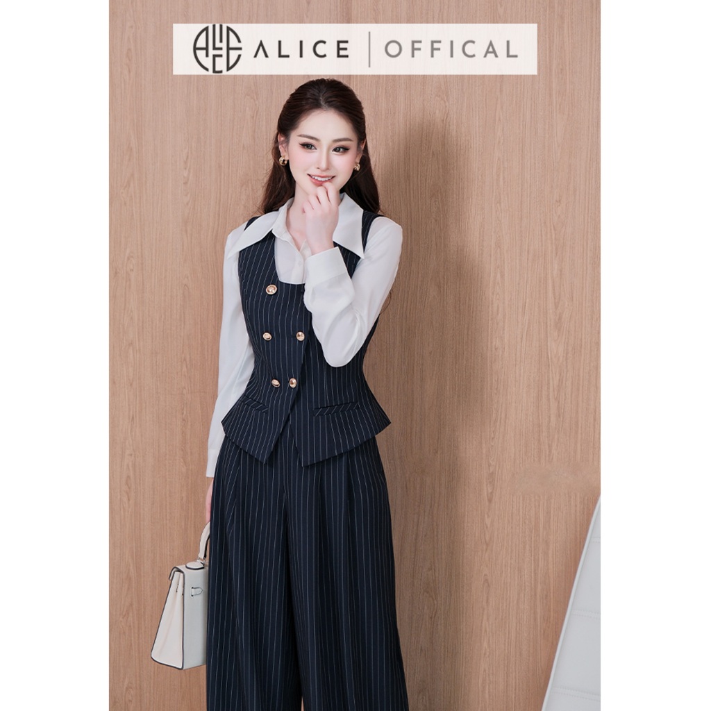 Set Công Sở Cao Cấp Alice 3 Chi Tiết, Áo Sơ Mi Cổ Nhọn Chất Tằm Hàn Phối Set Gile Chất Tuytsi Dáng Rộng A1084+S1081
