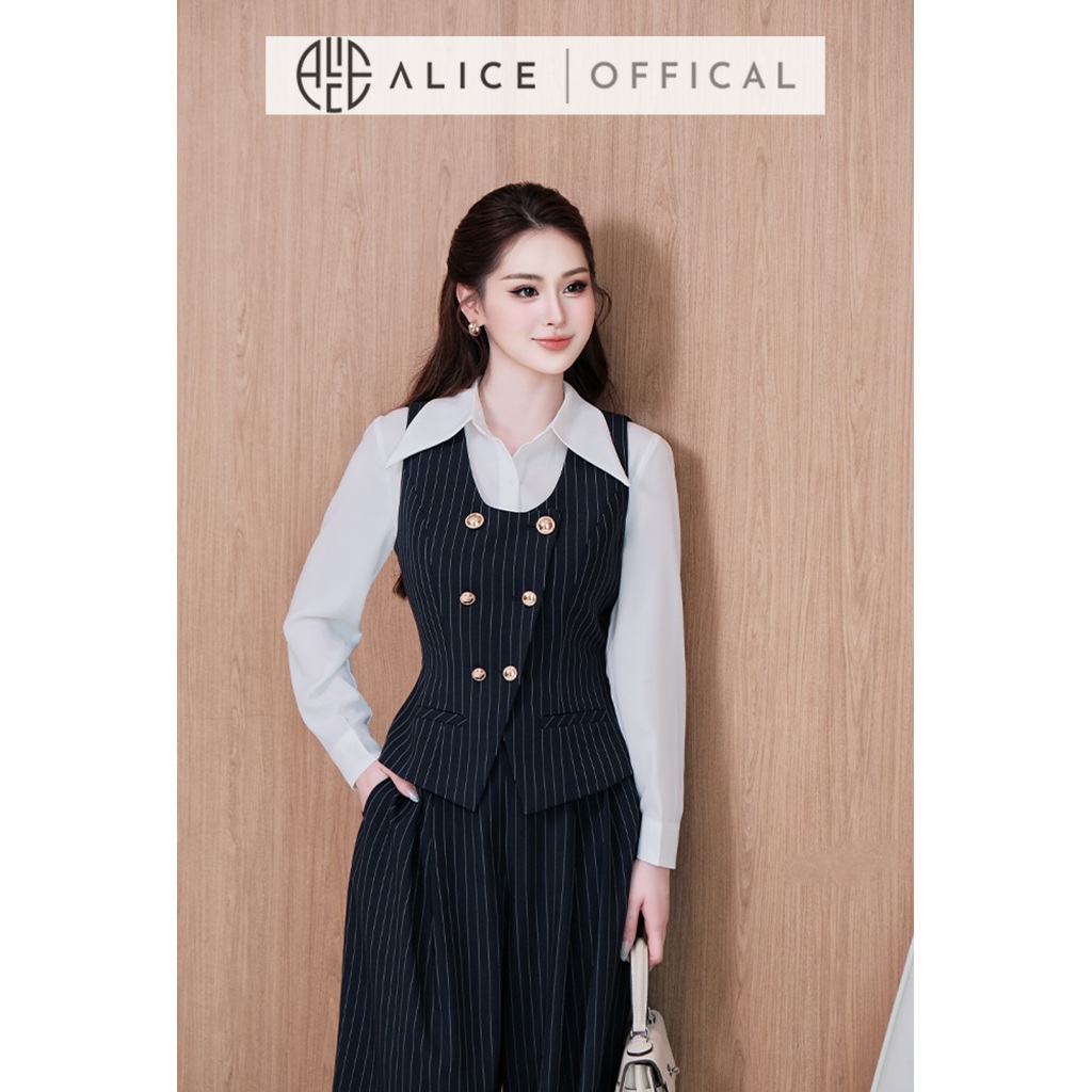 Set Công Sở Cao Cấp Alice 3 Chi Tiết, Áo Sơ Mi Cổ Nhọn Chất Tằm Hàn Phối Set Gile Chất Tuytsi Dáng Rộng A1084+S1081