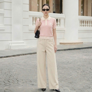 DELIZ - Áo len ngắn tay dệt kim chất len lông thỏ cổ polo mùa hè cho nữ công sở PL22