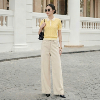 DELIZ - Áo len ngắn tay dệt kim chất len lông thỏ cổ polo mùa hè cho nữ công sở PL22