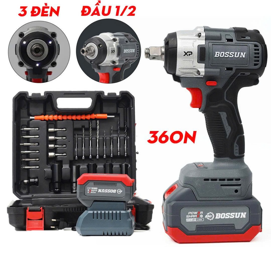 Máy Siết Bulong Bossun BS-IW360NCP Lực Siết 360Nm Đông Cơ Lõi Đồng Không Chổi Than Đầu Khẩu 1/2