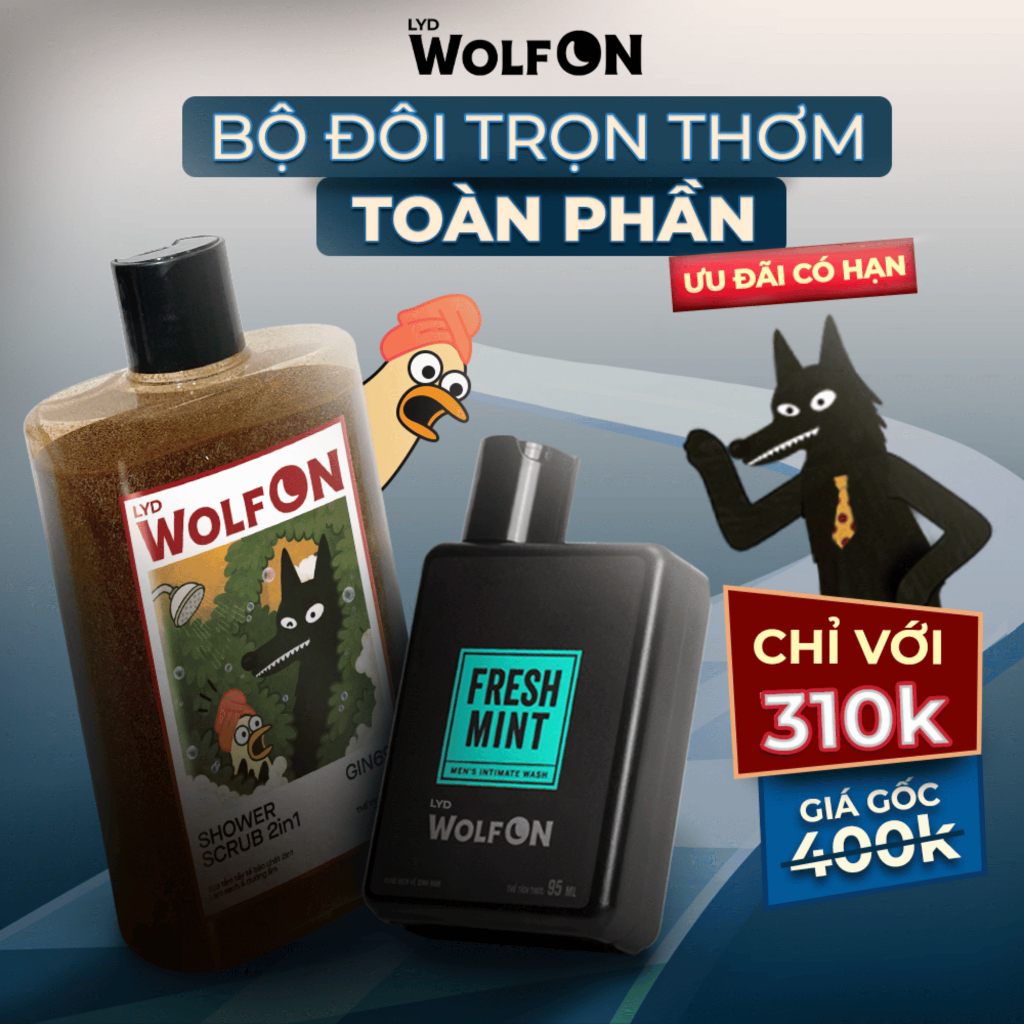 Set Sản Phẩm Chăm Sóc Nam Giới LYD Wolf ON: 1 Dung Dịch Vệ Sinh 95ml + 1 Shower Scrub 300ml