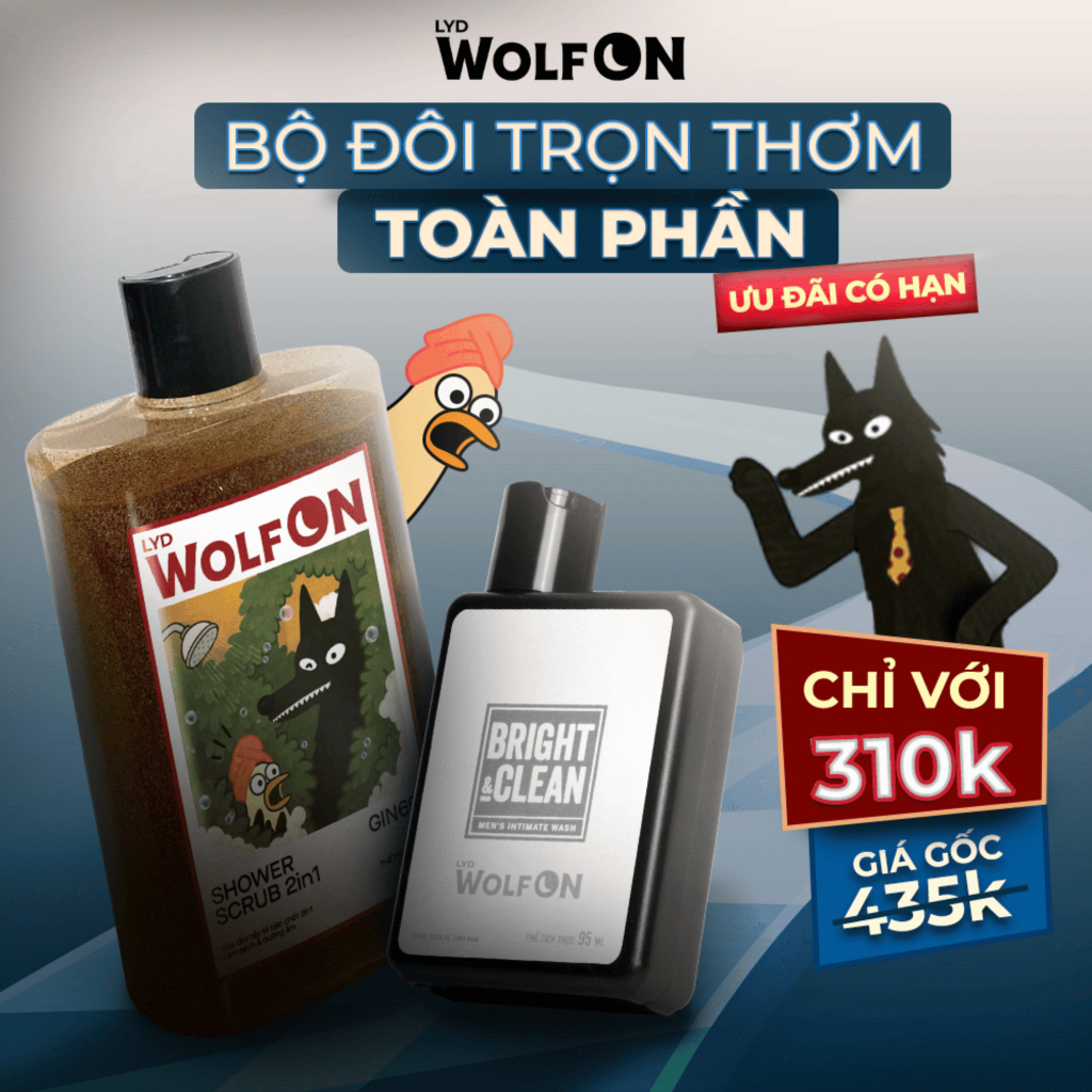 Set Sản Phẩm Chăm Sóc Nam Giới LYD Wolf ON: 1 Dung Dịch Vệ Sinh 95ml + 1 Shower Scrub 300ml