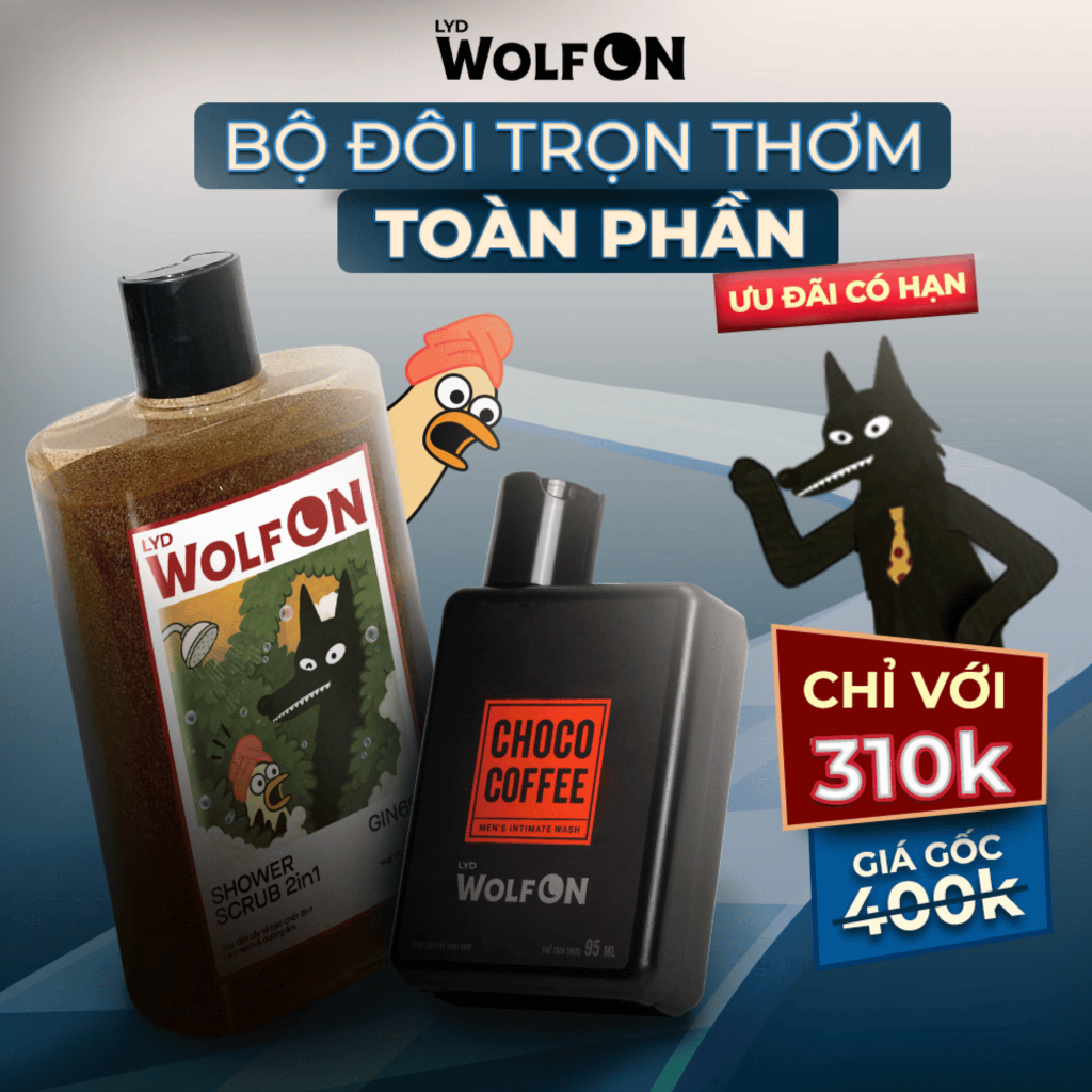 Set Sản Phẩm Chăm Sóc Nam Giới LYD Wolf ON: 1 Dung Dịch Vệ Sinh 95ml + 1 Shower Scrub 300ml
