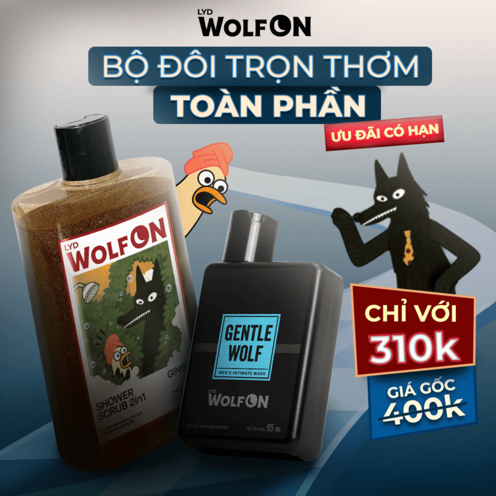 Set Sản Phẩm Chăm Sóc Nam Giới LYD Wolf ON: 1 Dung Dịch Vệ Sinh 95ml + 1 Shower Scrub 300ml