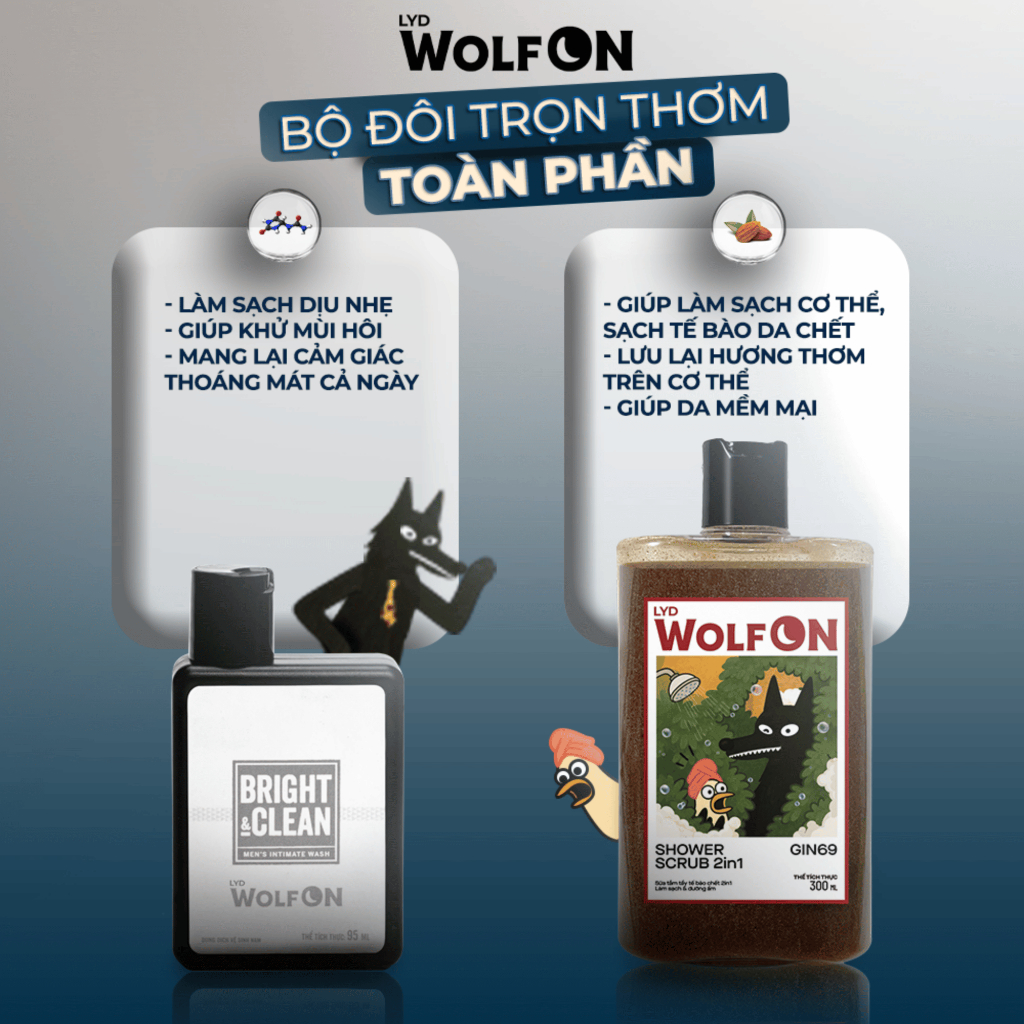 Set Sản Phẩm Chăm Sóc Nam Giới LYD Wolf ON: 1 Dung Dịch Vệ Sinh 95ml + 1 Shower Scrub 300ml