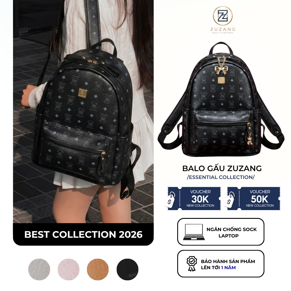 Balo Cao Cấp QC Gấu ZuZang Da PU Size 38 Và 28 Màu Đen Thời Trang Đi Học Đi Làm Bền Đẹp