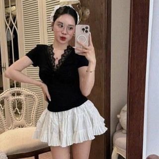 Áo thun Zip Nữ CỔ  V Phối Ren Nữ Nhẹ Nhàng Ôm BODY