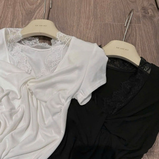 Áo thun Zip Nữ CỔ  V Phối Ren Nữ Nhẹ Nhàng Ôm BODY