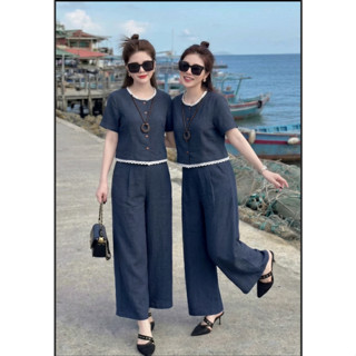Set Bộ Đũi Vân Mây Phối Ren, Quần Ống Suông Thanh Lịch