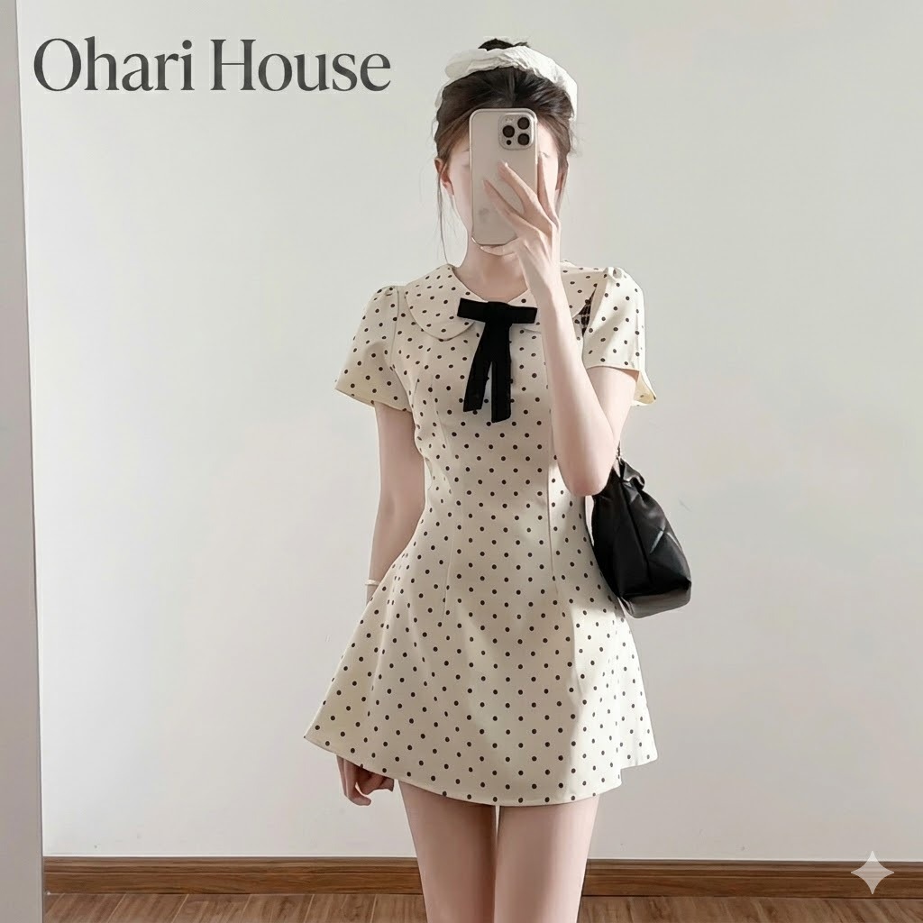 Đầm chấm bi cổ sen kèm tag nơ tiểu thư phong cách Hàn Quốc Ohari House Váy ngắn tay cổ sen đính nơ dáng xòe