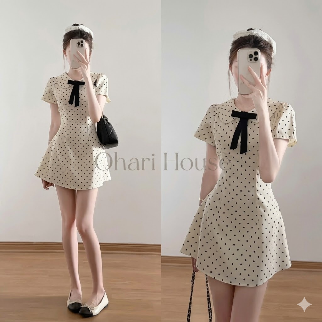 Đầm chấm bi cổ sen kèm tag nơ tiểu thư phong cách Hàn Quốc Ohari House Váy ngắn tay cổ sen đính nơ dáng xòe
