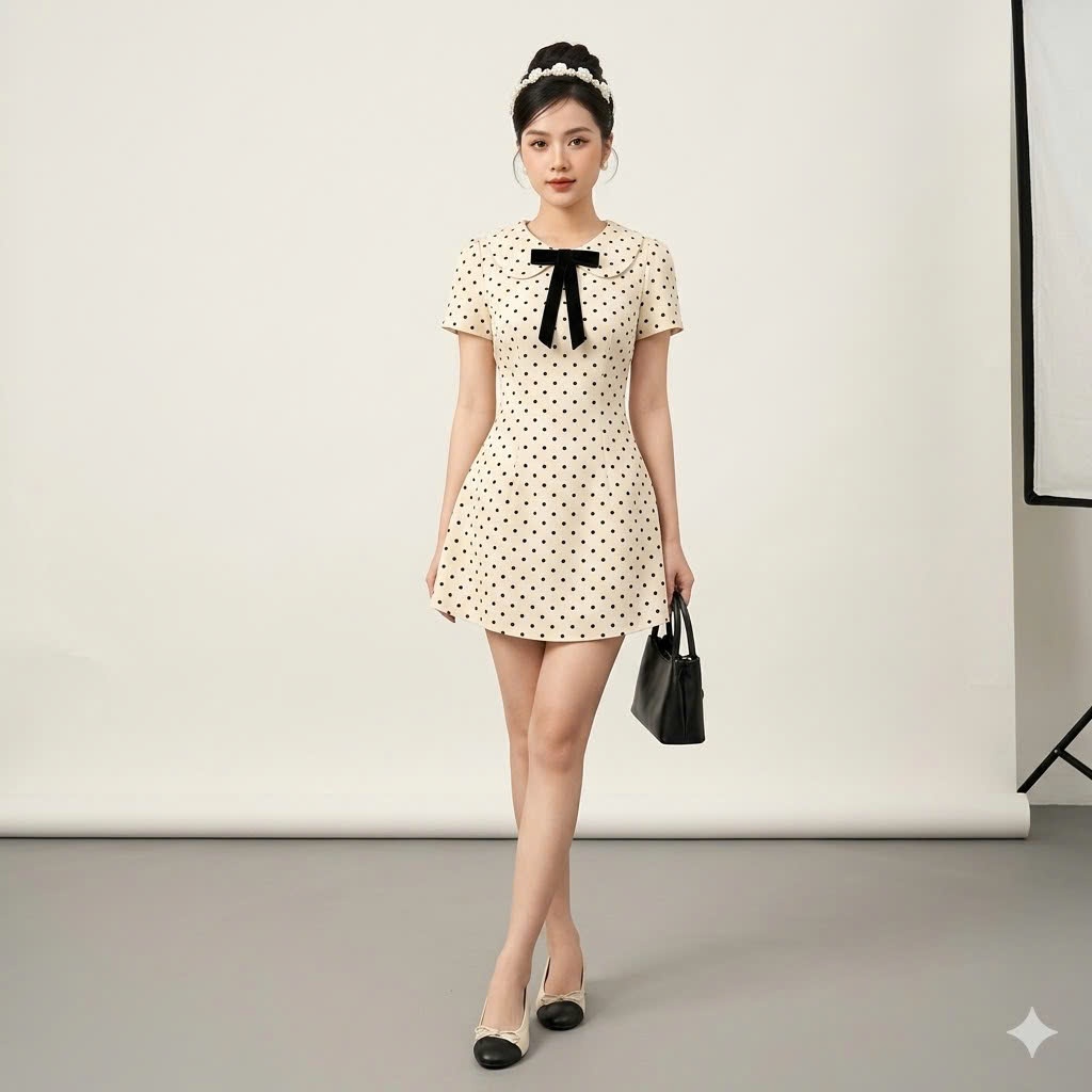 Đầm chấm bi cổ sen kèm tag nơ tiểu thư phong cách Hàn Quốc Ohari House Váy ngắn tay cổ sen đính nơ dáng xòe