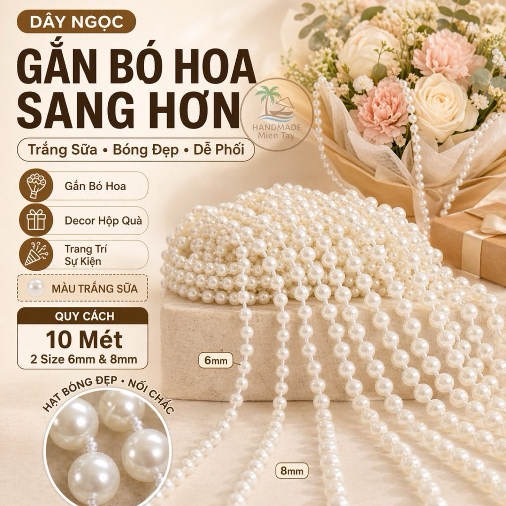Dây ngọc trang trí bó hoa cuộn 60m hạt tròn 6mm 8mm quấn bó hoa gói quà decor tiệc cưới,Noel,Sự Kiện