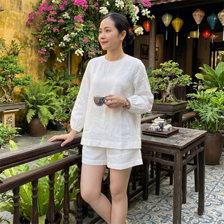 Bộ nữ CỘC TRƠN, Set bộ nữ áo cổ tròn tay dài, quần short lưng thun phía sau, chất liệu đũi tơ xước cao cấp, mặc mềm mát