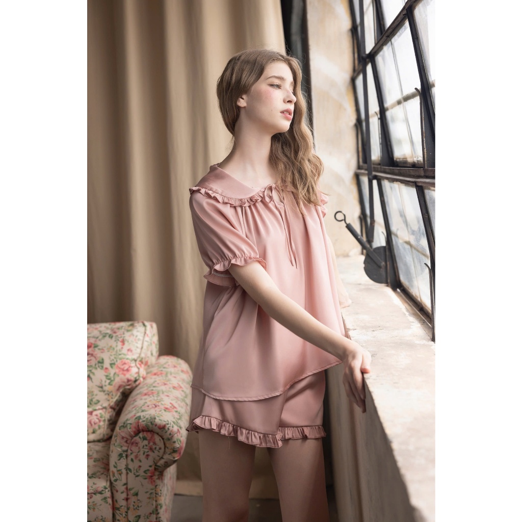 Bộ ngủ nữ Babydoll cổ sen phối  bèo điệu chất lụa Latin Pháp cao cấp, mềm mại dễ thương