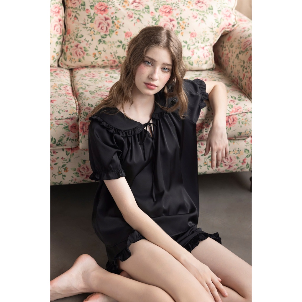 Bộ ngủ nữ Babydoll cổ sen phối  bèo điệu chất lụa Latin Pháp cao cấp, mềm mại dễ thương