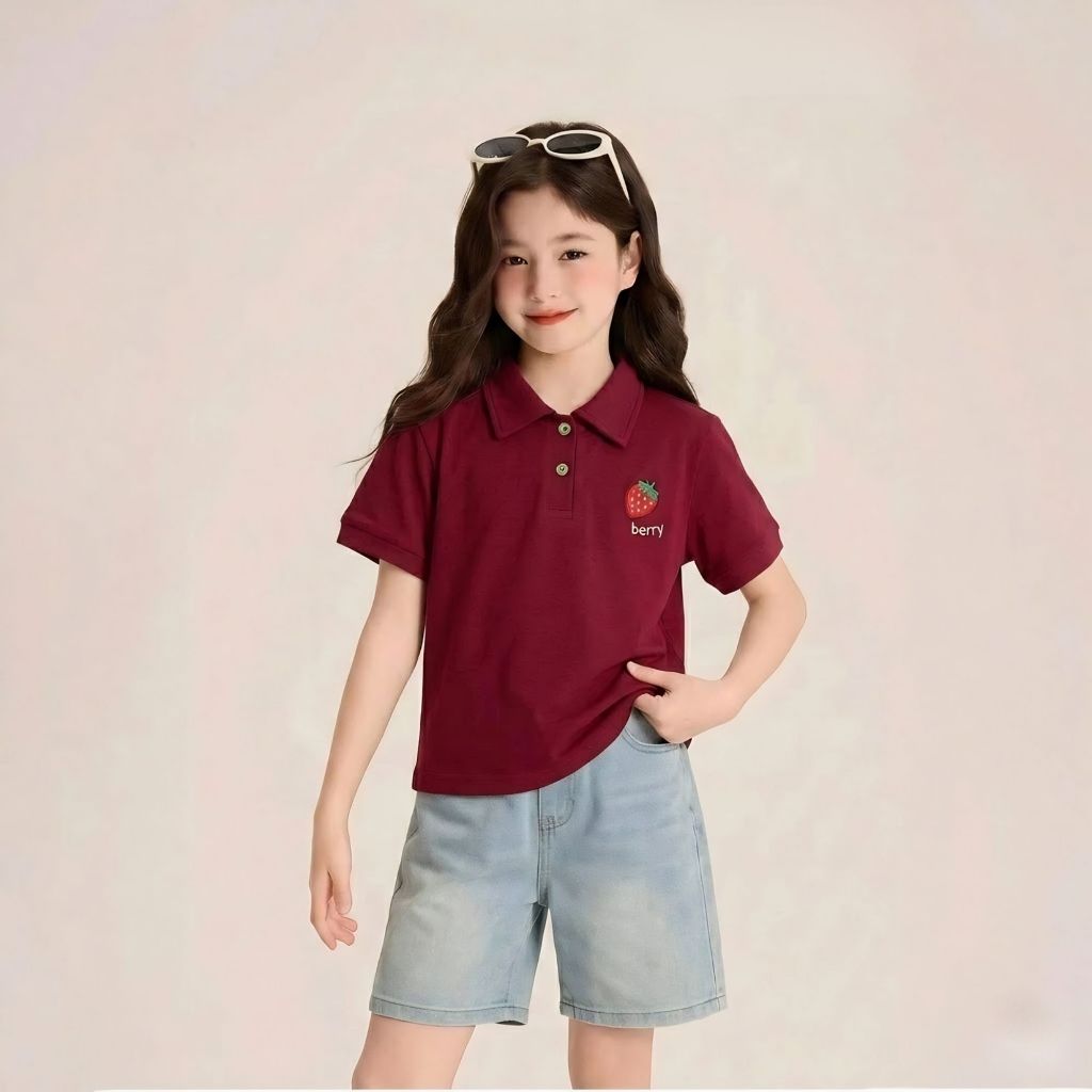 Áo Polo THÊU DÂU TAY mùa hè bé gái chất cotton SZ 14 - 43 KG mùa hè thoáng mát