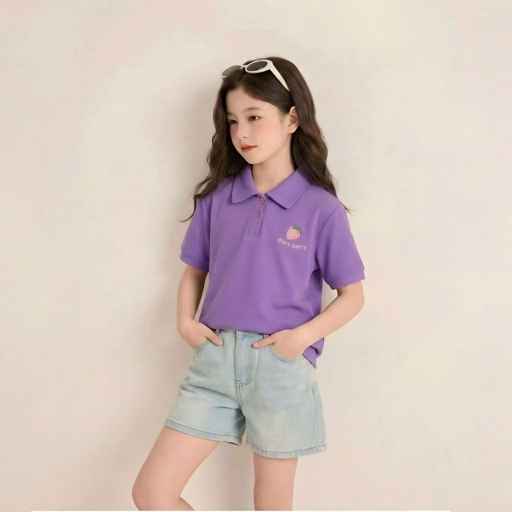 Áo Polo THÊU DÂU TAY mùa hè bé gái chất cotton SZ 14 - 43 KG mùa hè thoáng mát