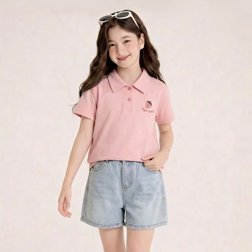 Áo Polo THÊU DÂU TAY mùa hè bé gái chất cotton SZ 14 - 43 KG mùa hè thoáng mát