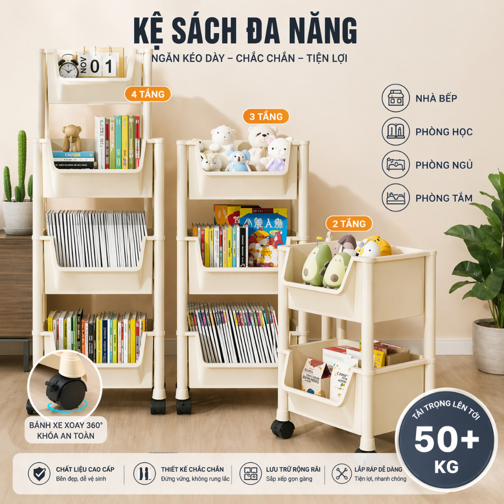 Kệ Nhựa 4 Tầng Có Bánh Xe Đẩy Chuyên Dụng Chất Liệu Nhựa Cao Cấp Dùng Cho Spa, Tiệm Nail, Nhà Bếp