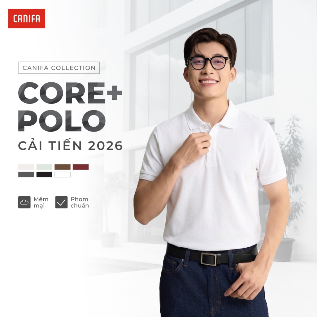 Áo polo nam CANIFA cộc tay cổ bẻ form regular họa tiết trơn basic DQ PS26 8TP26A005