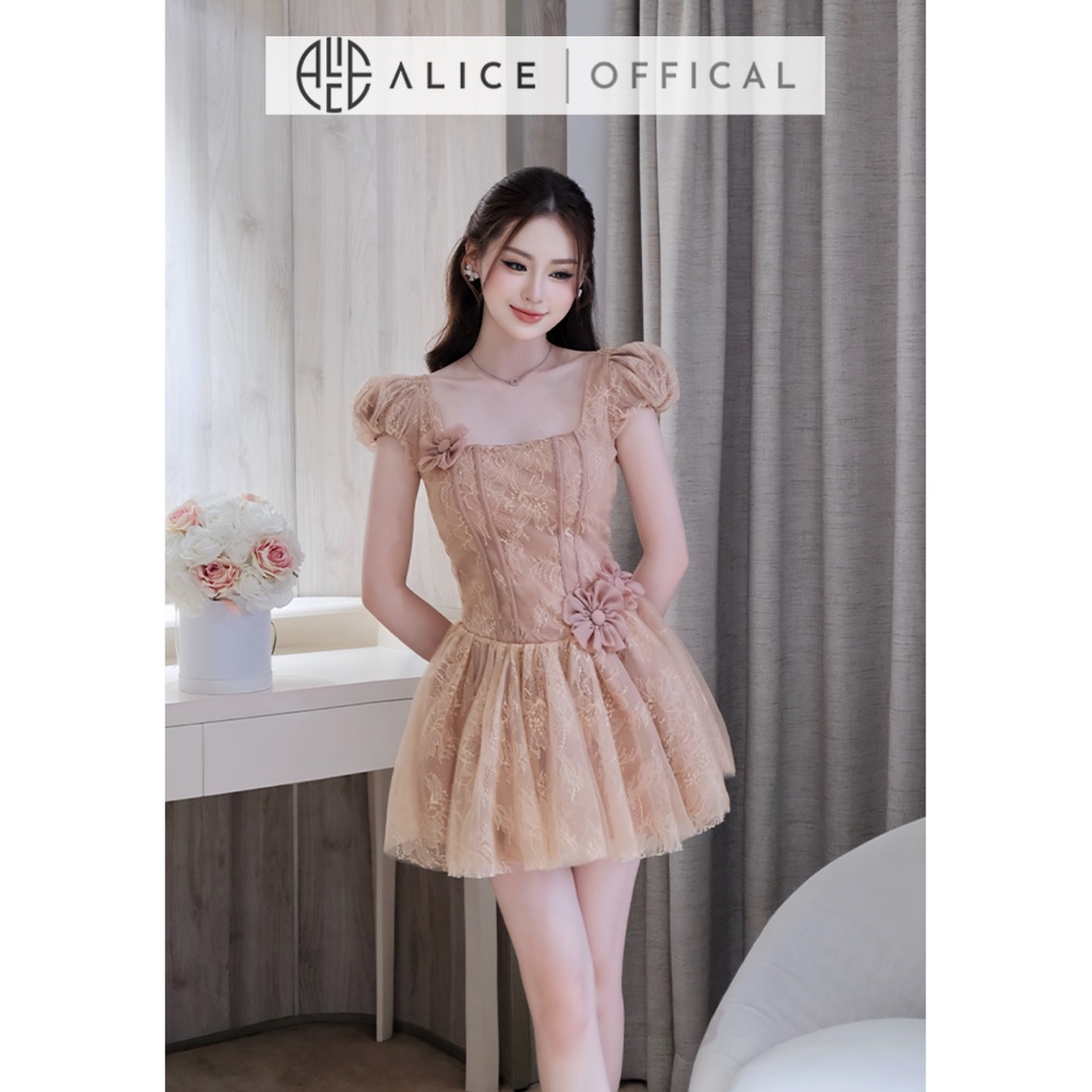 Váy Dự Tiệc Tiểu Thư Cao Cấp Alice Chất Ren Phối Lưới, Dáng Tay Bồng Công Chúa Đính Hoa Thủ Công V1467