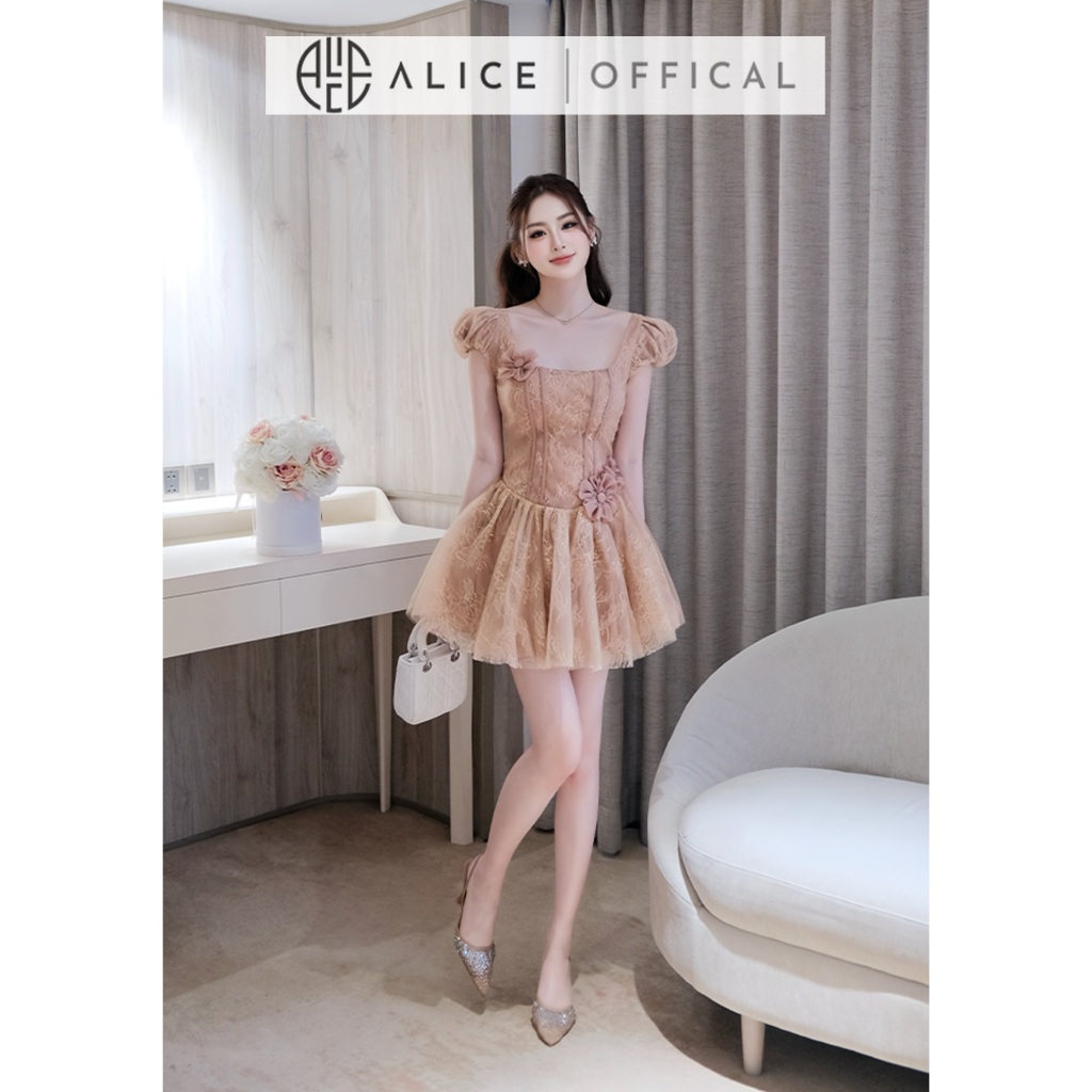 Váy Dự Tiệc Tiểu Thư Cao Cấp Alice Chất Ren Phối Lưới, Dáng Tay Bồng Công Chúa Đính Hoa Thủ Công V1467